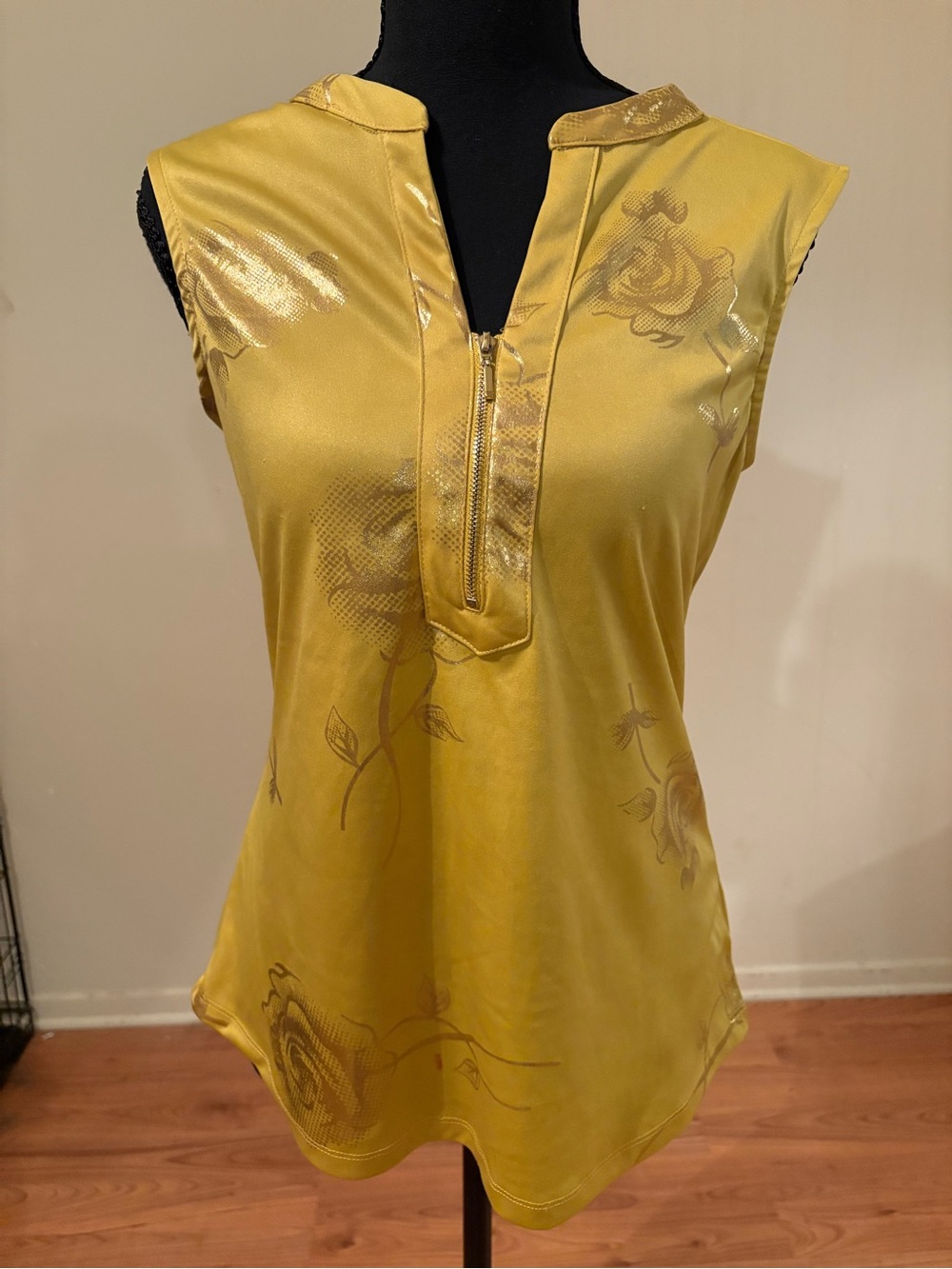 Sleeveless Yellow Floral Zip-Neck Women's Blouse